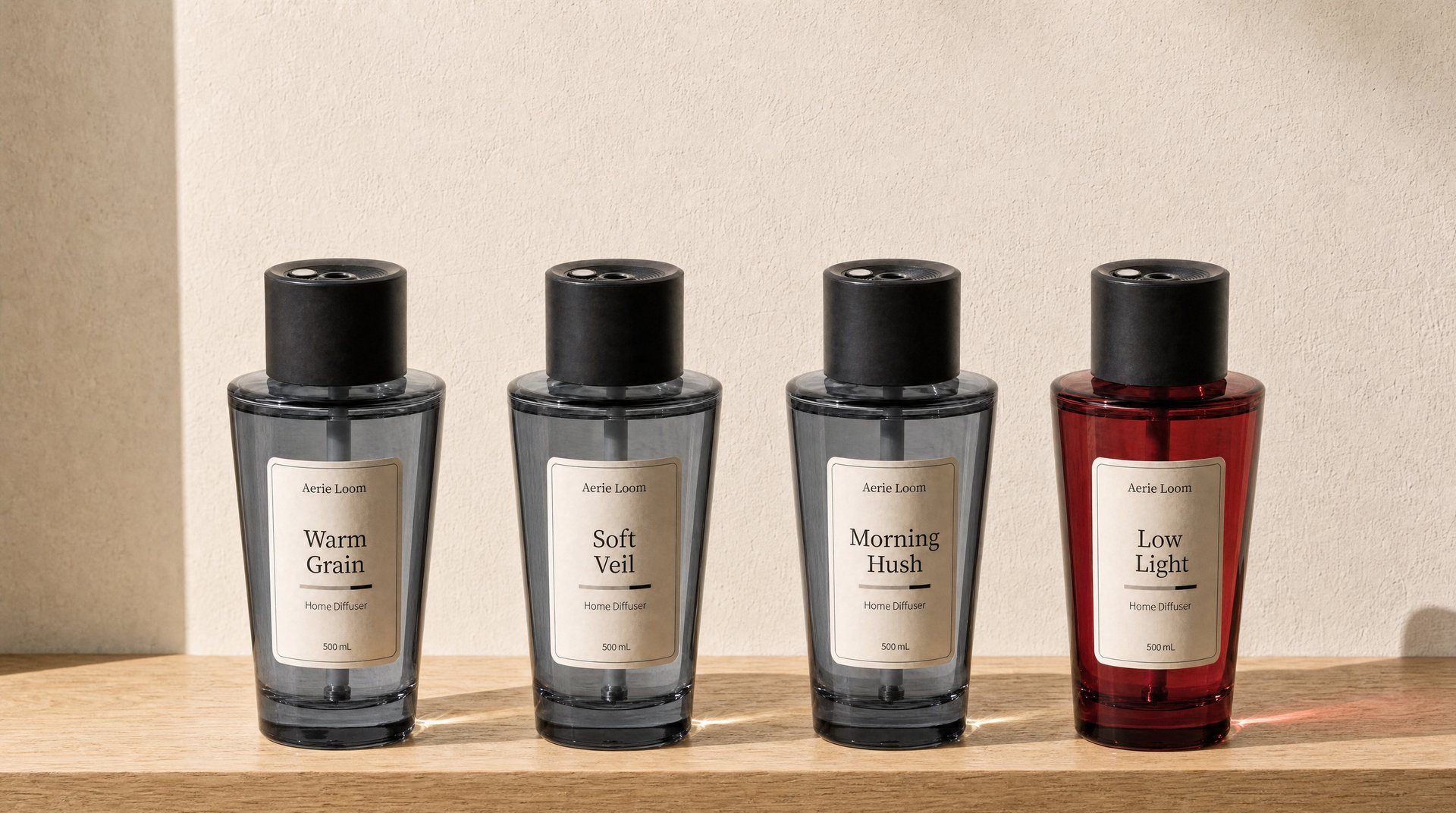 The four Aerie Loom home diffusers, Warm Grain, Soft Veil, Morning Hush and Low Light, standing on a travertine ledge in morning light