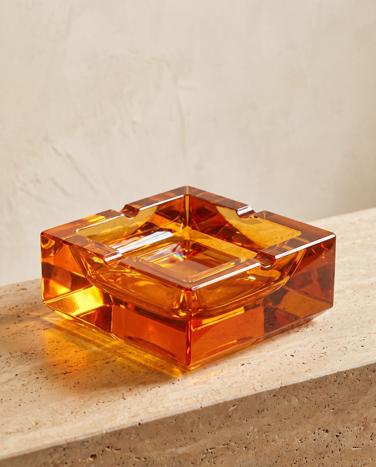 Crystal ashtray, square amber 15cm