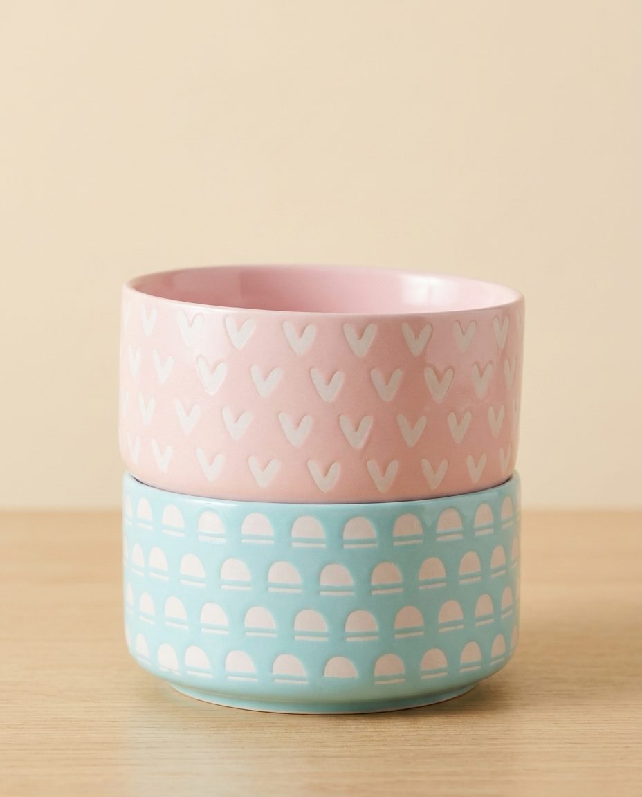 Pink with white V pattern Matte-finish Ceramic Bowl