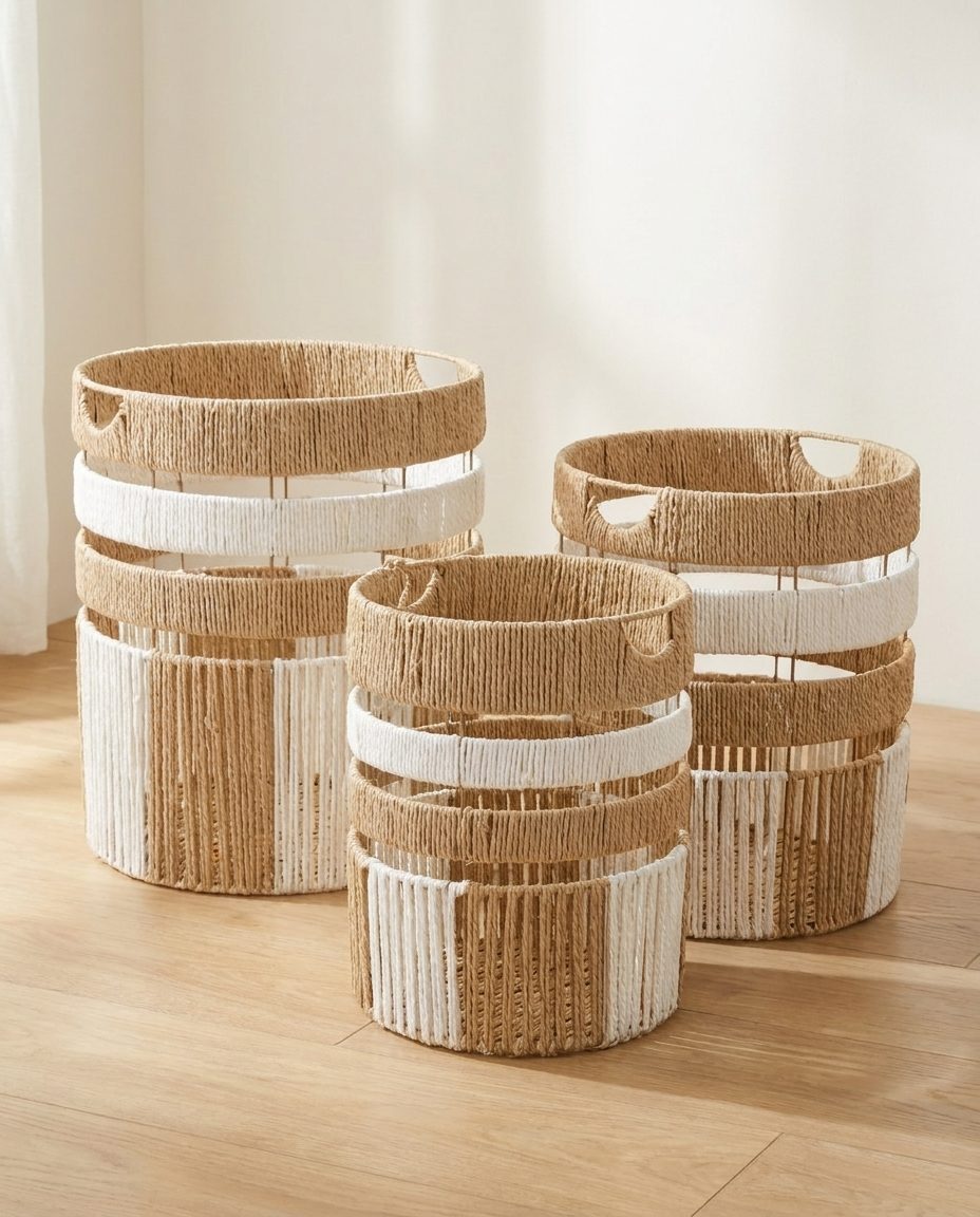 Brown & White Woven Basket Set of 3