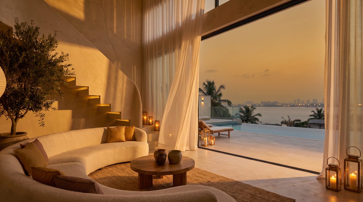 The Aerie Loom living room at dusk, lamps on, the lagoon going gold beyond the glass