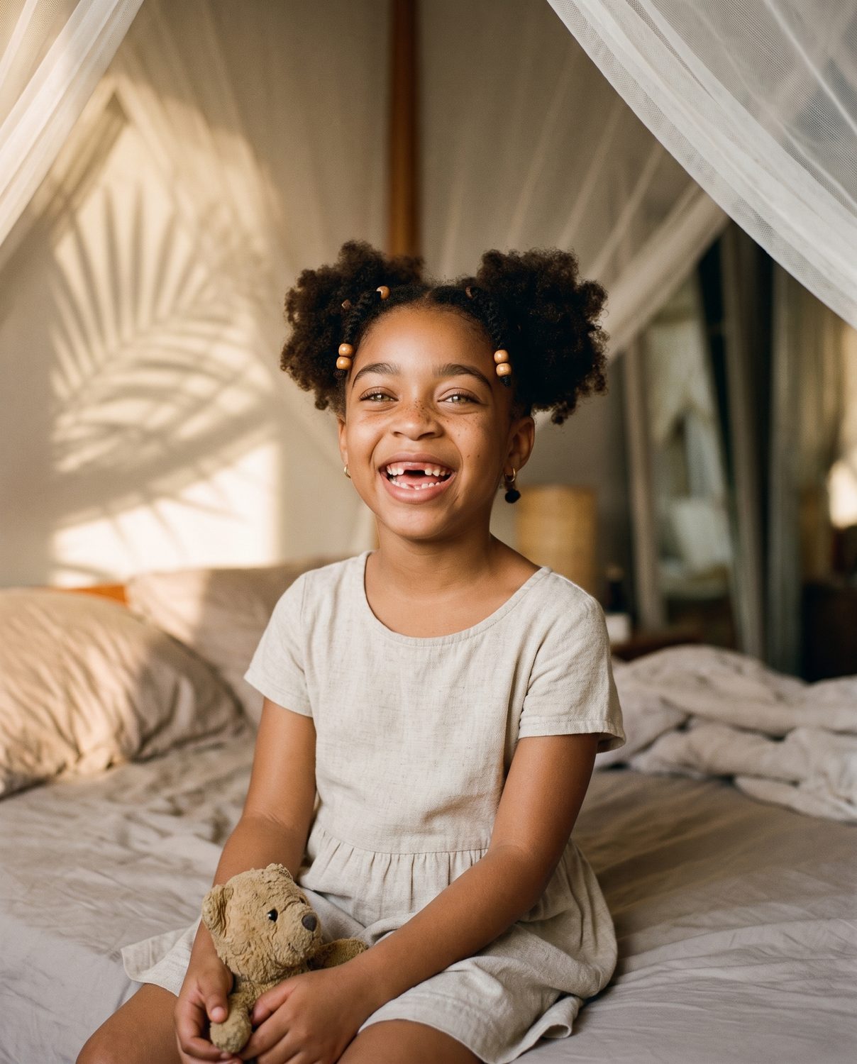 The daughter on her bed with her bear