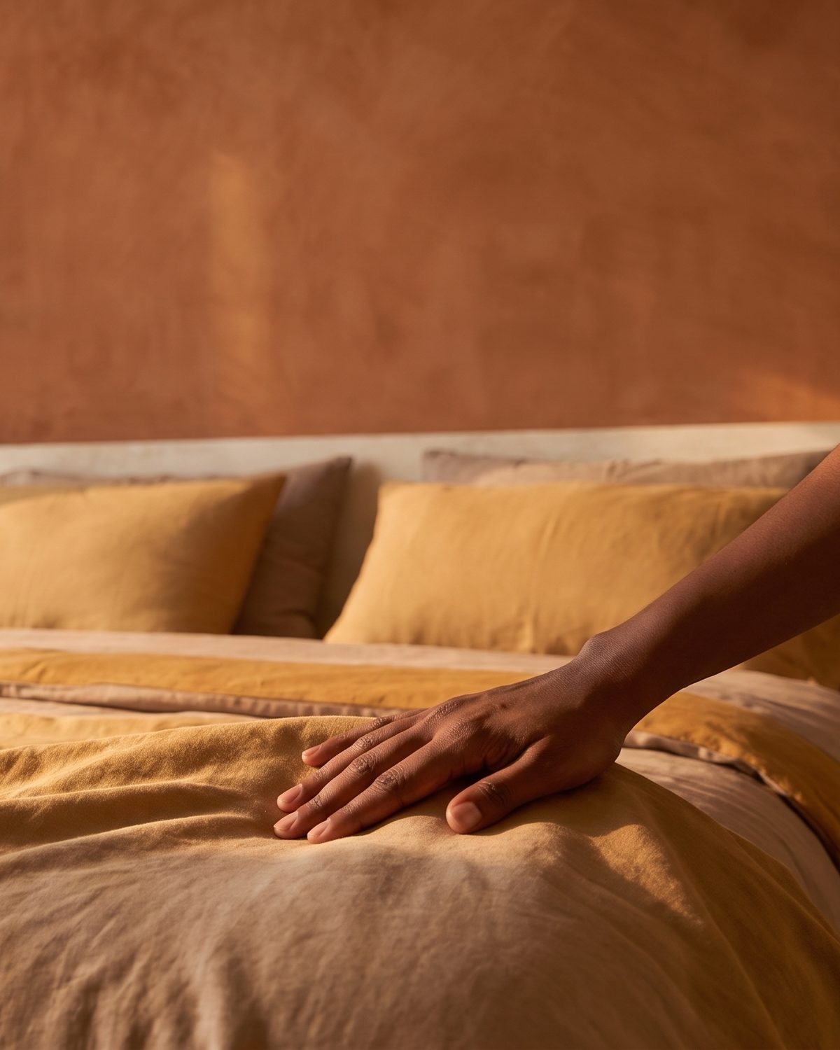A hand smoothing Gold Camel bedding in the master bedroom