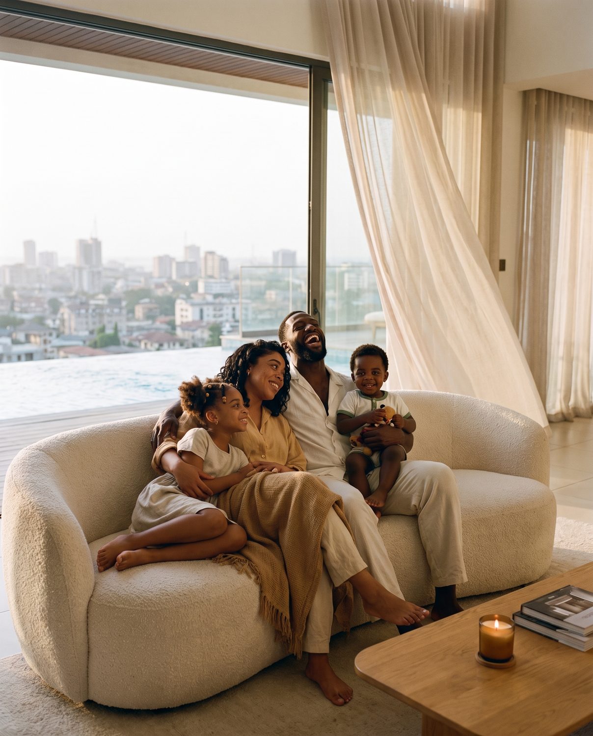 The family on the living room sofa at dusk, Lagos behind the glass