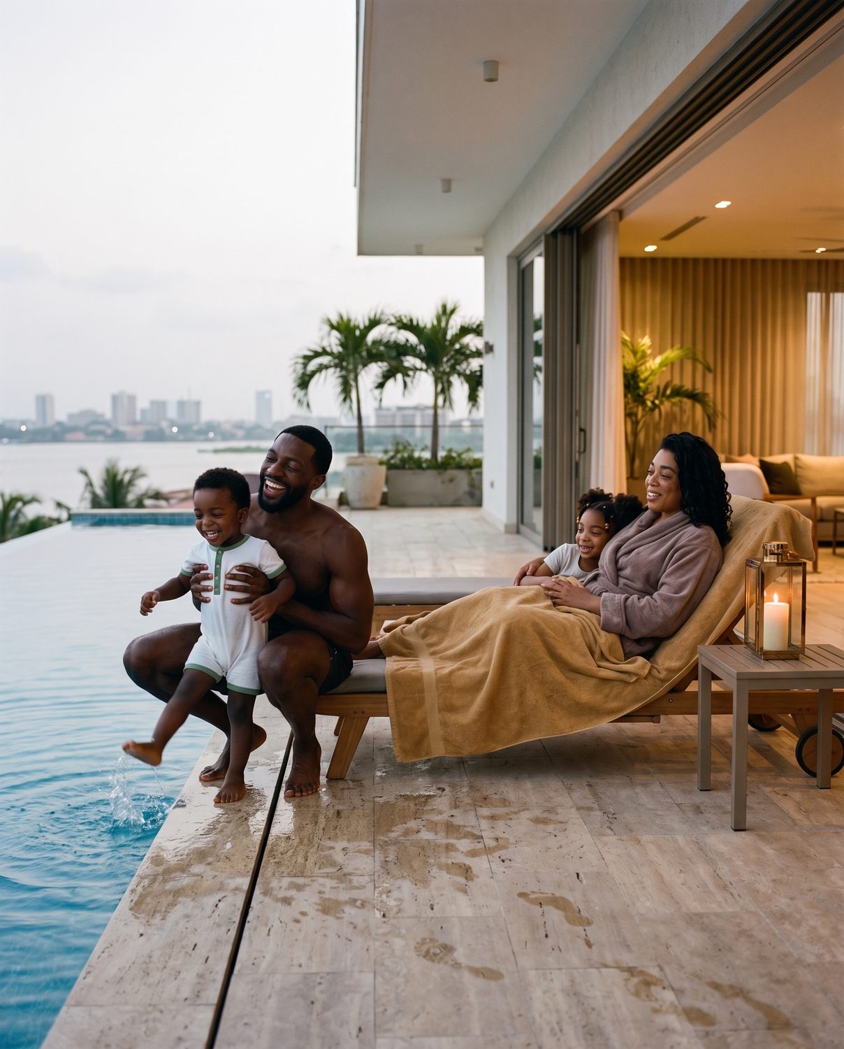 The family on the terrace by the pool