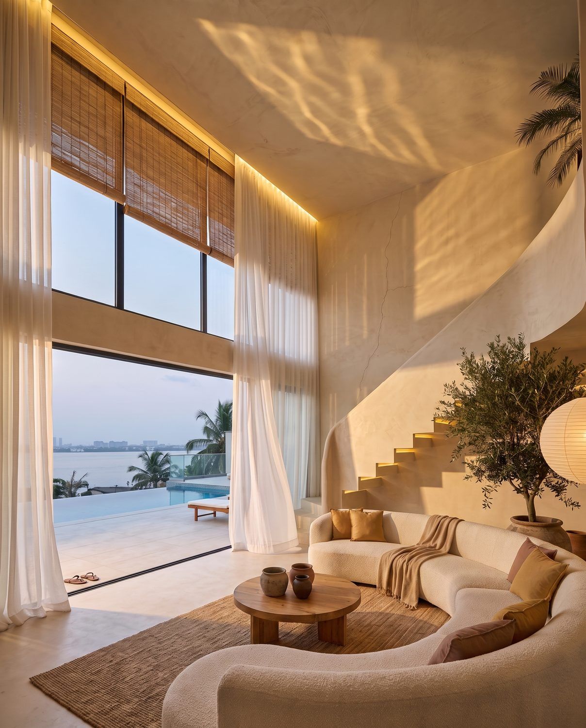 The Aerie Loom home in Lagos at dusk, sheer curtains open to the pool and the lagoon