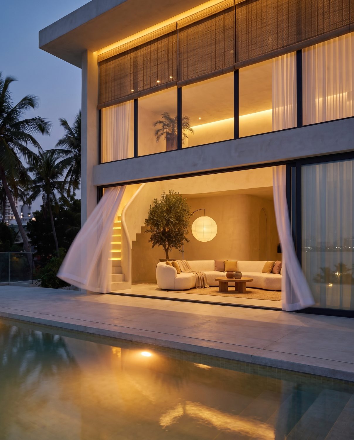 The Aerie Loom home seen from the pool at dusk, every window lit