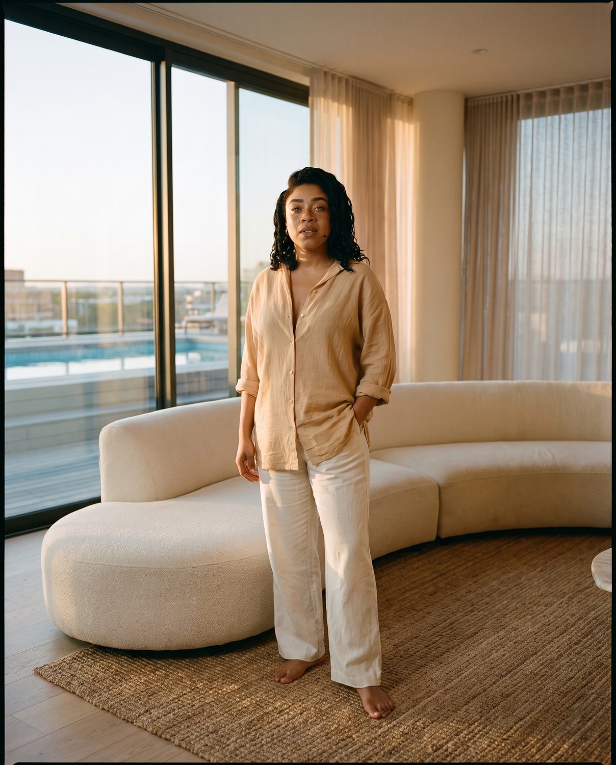 She stands at the window of her Lagos home at dusk, the city behind the glass