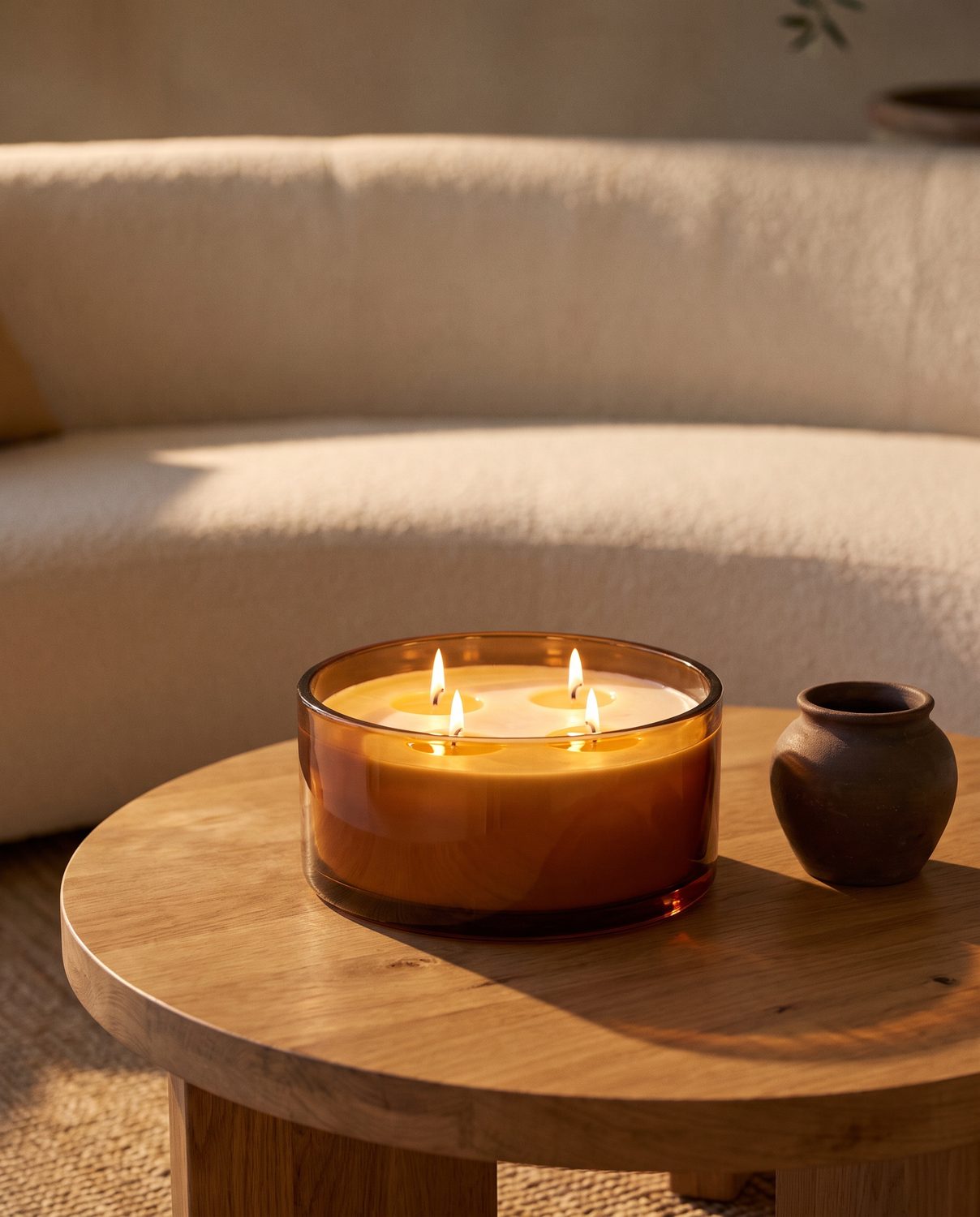 A candle burning on the low table by the sofa