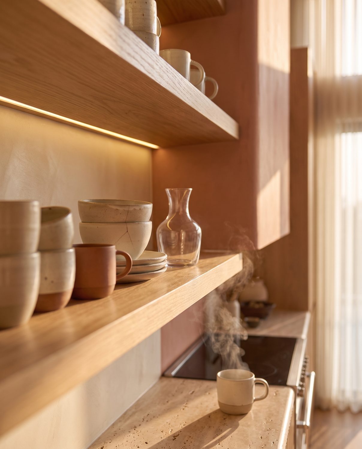 A kitchen shelf of cups, bowls and a jug