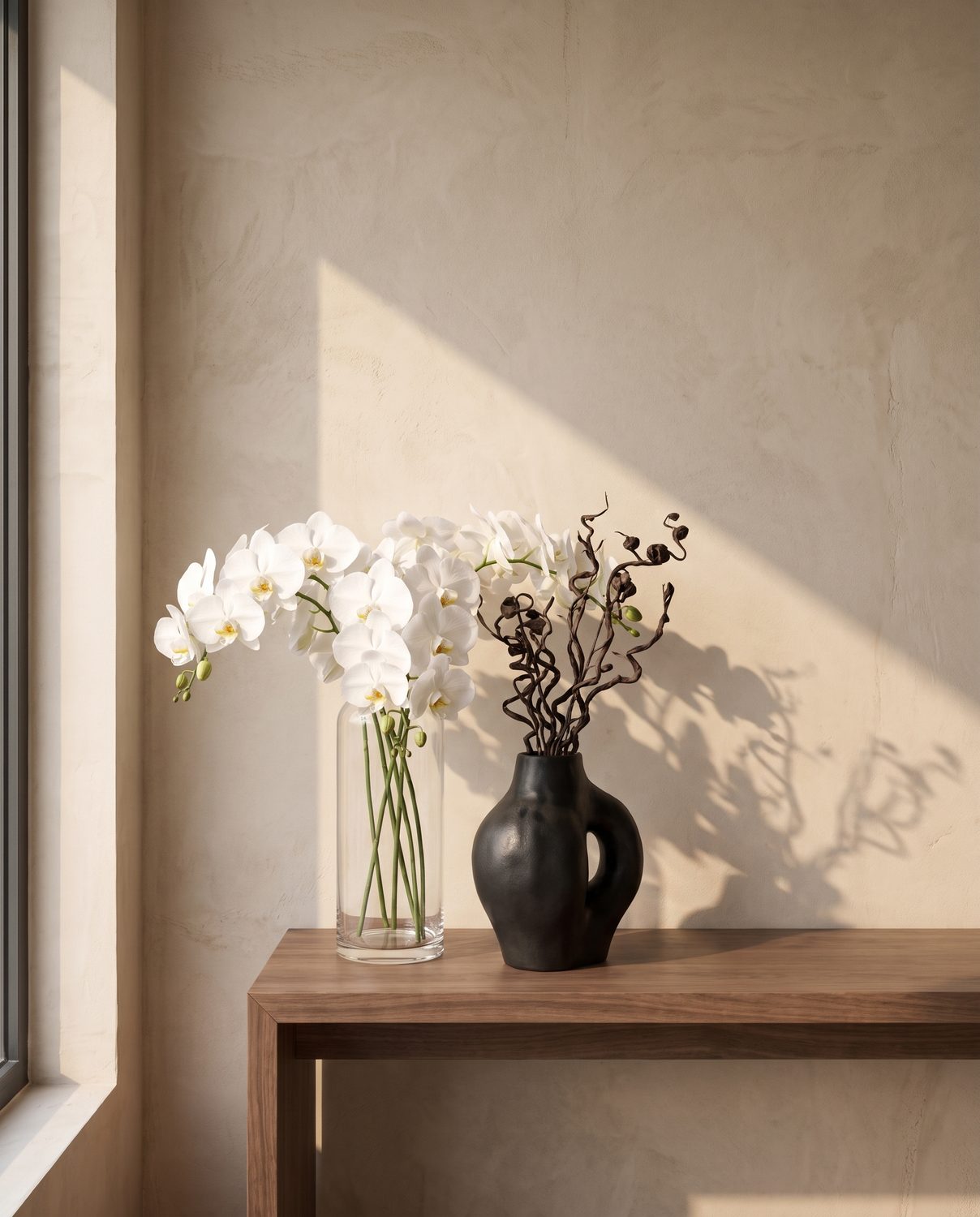 White orchids in a clear vase on a wooden console