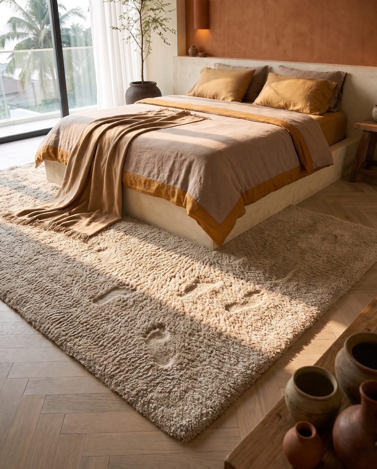 A quiet bedroom, a soft rug by the bed, the evening light going