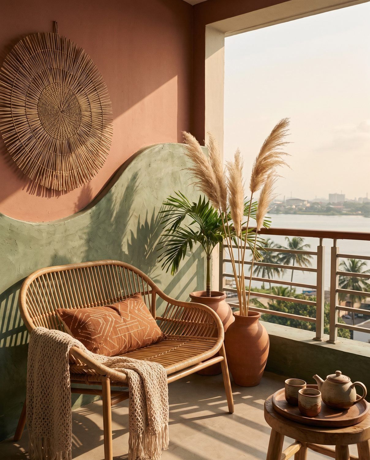 A small balcony with a rattan chair, two cups on the side table, the city beyond
