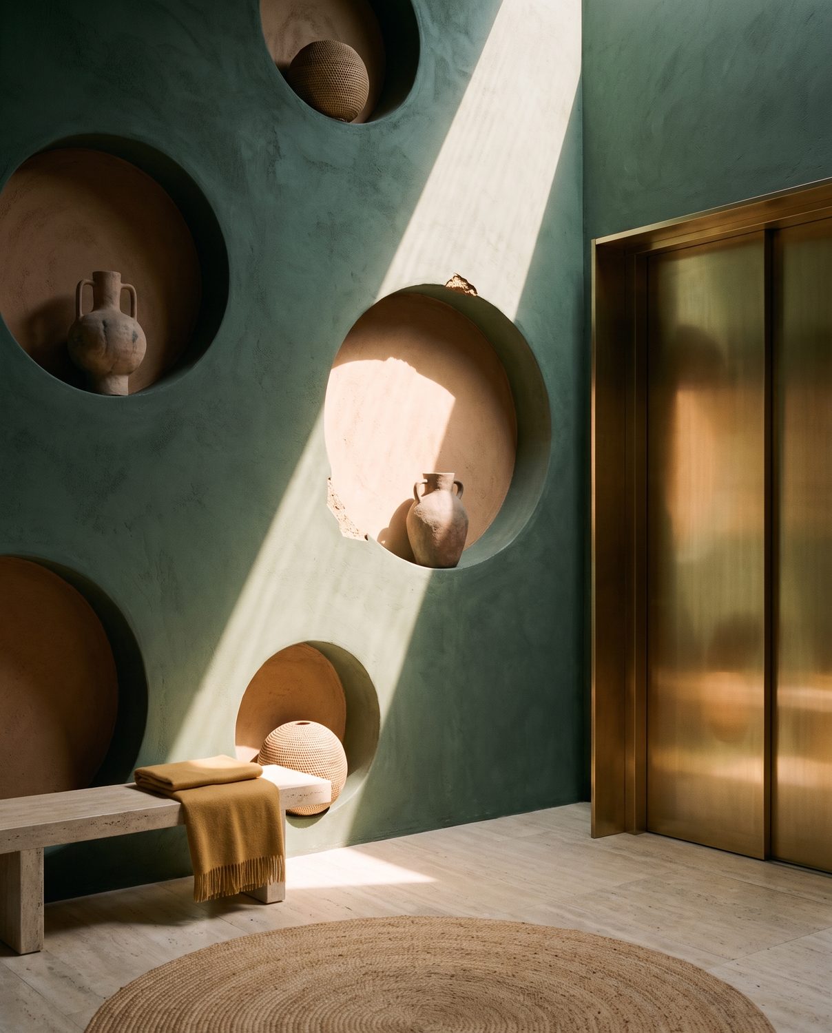 The lift landing, green plaster and round niches, the lift doors just open