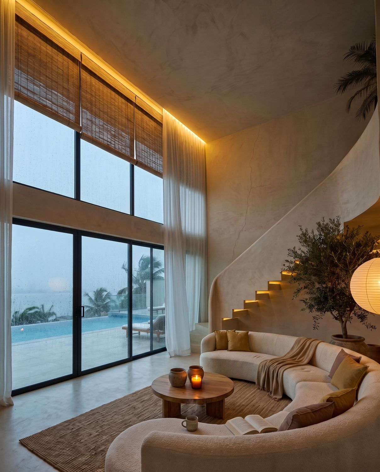 Rain on the glass, the living room calm behind it