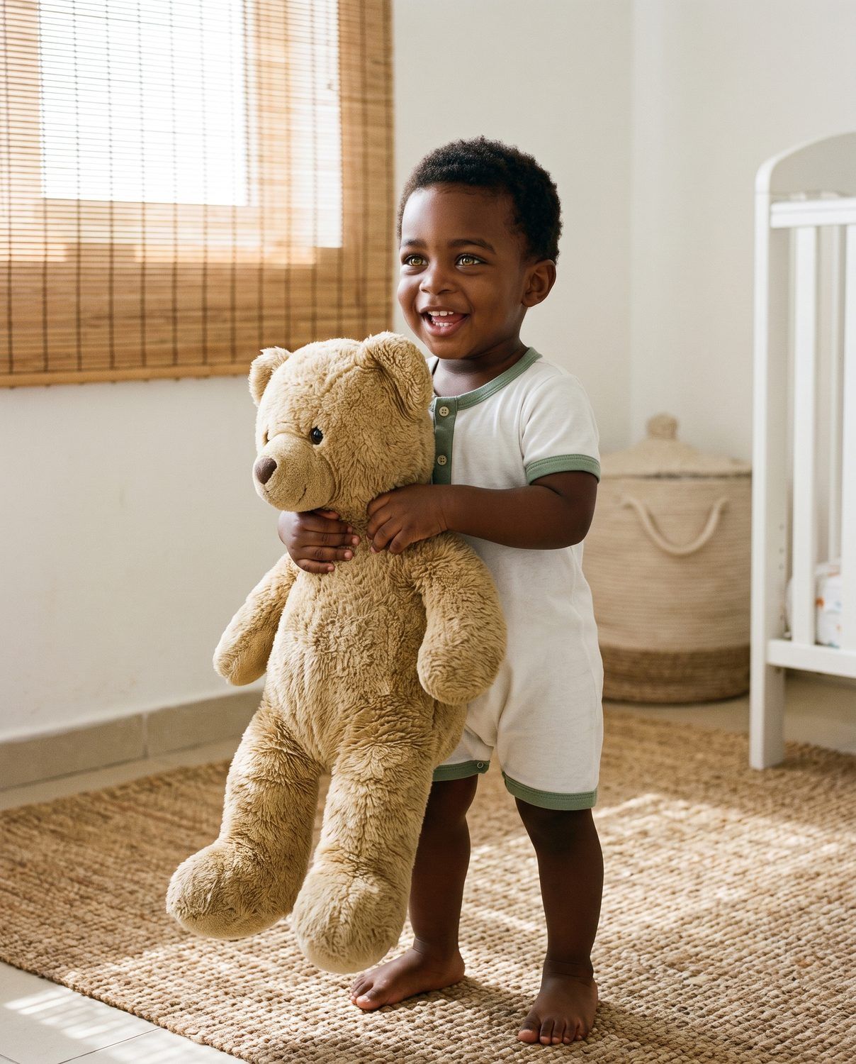 The son holding a big teddy bear