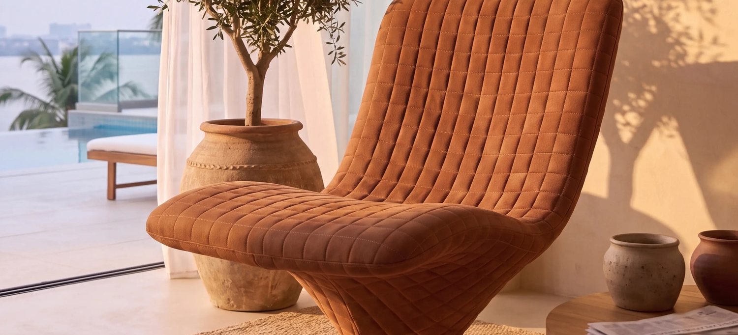 A rust velvet lounge chair by the window, an olive tree and the pool beyond