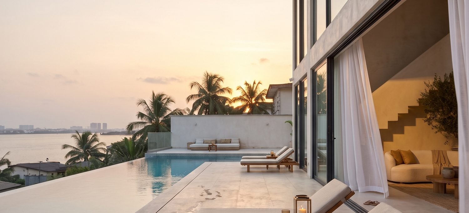 The house seen from the pool at dusk, every room lit low